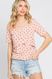 Light Pink Floral Ribbed Wrap Front Nursing Top