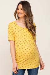 Yellow Floral Ribbed Wrap Front Maternity/Nursing Top