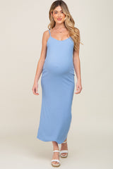 Blue Ribbed Sleeveless Basic Maternity Maxi Dress