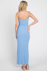 Blue Ribbed Sleeveless Basic Maxi Dress