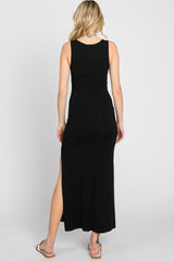 Black V-Neck Side Slit Midi Dress