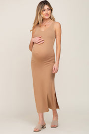 Camel V-Neck Side Slit Maternity Midi Dress