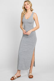 Heather Grey V-Neck Side Slit Midi Dress