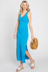 Aqua V-Neck Side Slit Midi Dress