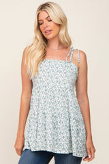 Mint Green Floral Ribbed Shoulder Tie Tiered Maternity Top