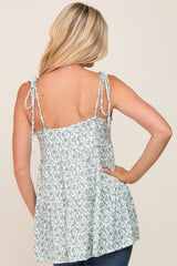 Mint Green Floral Ribbed Shoulder Tie Tiered Top