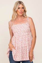 Mauve Floral Ribbed Shoulder Tie Tiered Maternity Top