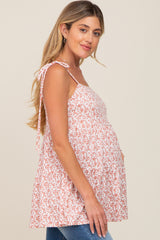 Mauve Floral Ribbed Shoulder Tie Tiered Maternity Top