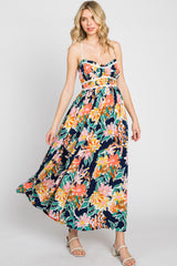 Multi-Color Floral Sweetheart Lace-Up Back Maxi Dress