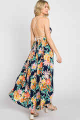 Multi-Color Floral Sweetheart Lace-Up Back Maxi Dress