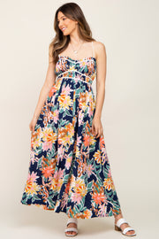 Multi-Color Floral Sweetheart Lace-Up Back Maternity Maxi Dress