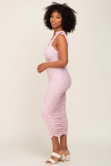 Light Pink Leopard Ribbed Shoulder Tie Ruched Midi Dress