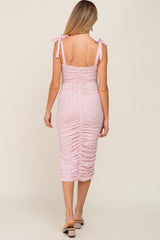 Light Pink Leopard Ribbed Shoulder Tie Ruched Maternity Midi Dress