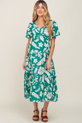 Green Tropical Print Ruffle Maternity Midi Dress