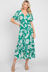 Green Tropical Print Ruffle Maternity Midi Dress