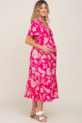 Fuchsia Tropical Print Ruffle Maternity Midi Dress