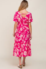 Fuchsia Tropical Print Ruffle Maternity Midi Dress