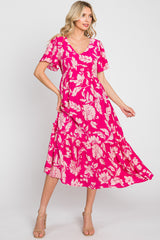 Fuchsia Tropical Print Ruffle Midi Dress