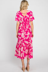 Fuchsia Tropical Print Ruffle Midi Dress