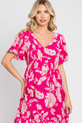 Fuchsia Tropical Print Ruffle Midi Dress