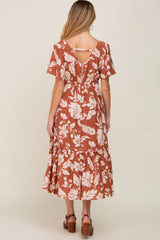 Rust Tropical Print Ruffle Maternity Midi Dress