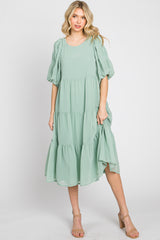 Light Olive Chiffon Tiered Balloon Sleeve Midi Dress