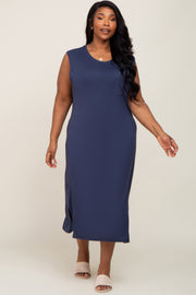 Navy Sleeveless Front Pocket Plus Midi Dress