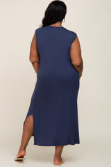 Navy Sleeveless Front Pocket Plus Midi Dress