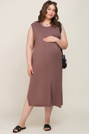 Mocha Sleeveless Front Pocket Maternity Plus Midi Dress