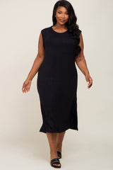 Black Sleeveless Front Pocket Maternity Plus Midi Dress