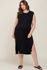 Black Sleeveless Front Pocket Maternity Plus Midi Dress