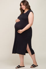 Black Sleeveless Front Pocket Maternity Plus Midi Dress