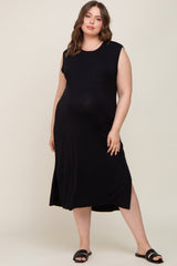 Black Sleeveless Front Pocket Maternity Plus Midi Dress