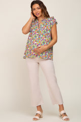 White Floral Ruffle Accent Maternity Blouse