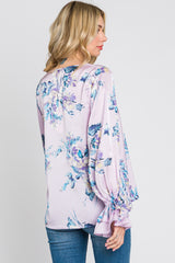 Lavender Floral Satin Ruffle Sleeve Blouse