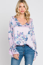 Lavender Floral Satin Ruffle Sleeve Blouse