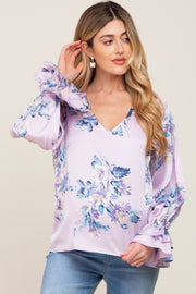 Lavender Floral Satin Ruffle Sleeve Maternity Blouse