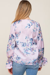 Lavender Floral Satin Ruffle Sleeve Maternity Blouse