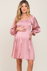 Mauve Satin Smocked Square Neck Maternity Dress