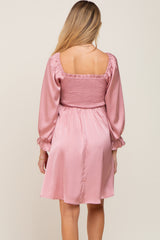 Mauve Satin Smocked Square Neck Maternity Dress