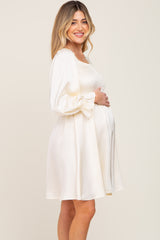 Ivory Satin Smocked Square Neck Maternity Dress