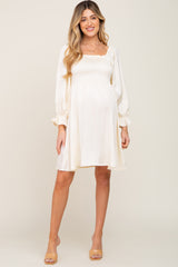 Ivory Satin Smocked Square Neck Maternity Dress