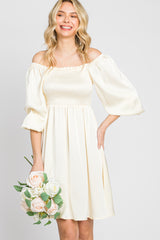 Ivory Satin Smocked Square Neck Dress