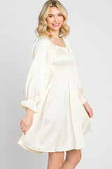 Ivory Satin Smocked Square Neck Dress