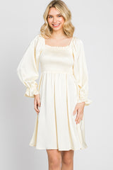 Ivory Satin Smocked Square Neck Dress