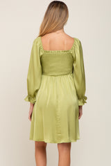 Lime Satin Smocked Square Neck Maternity Dress