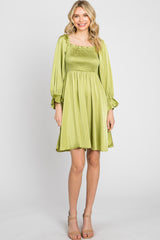 Lime Satin Smocked Square Neck Maternity Dress