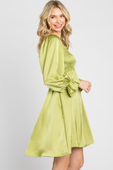 Lime Satin Smocked Square Neck Dress