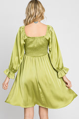 Lime Satin Smocked Square Neck Dress