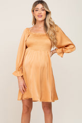 Camel Satin Smocked Square Neck Maternity Dress